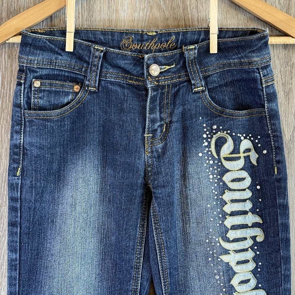 90s Southpole Jeans Womens Juniors 1 Bootcut Low Rise Fade Embroidered 25x29.5 - Picture 7 of 13